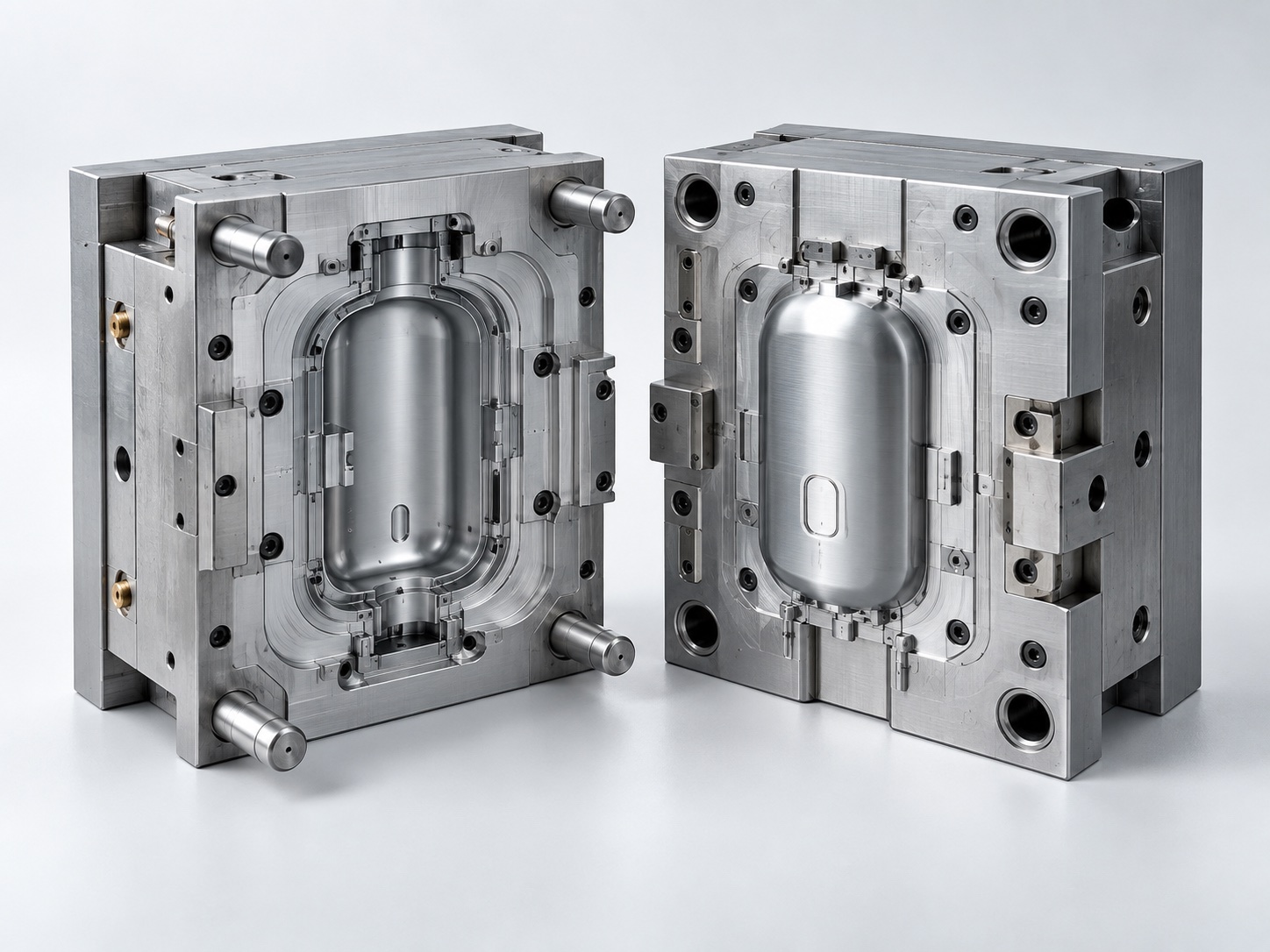 Conceptual illustration of two precision-machined steel mold halves on a light studio surface.
